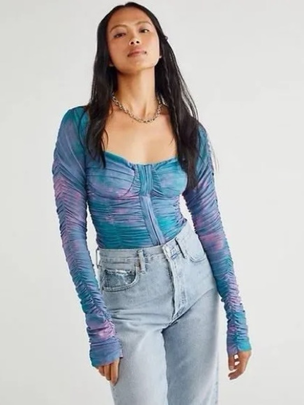 Free People Teal and Purple Ruched Mesh Sweetheart Top